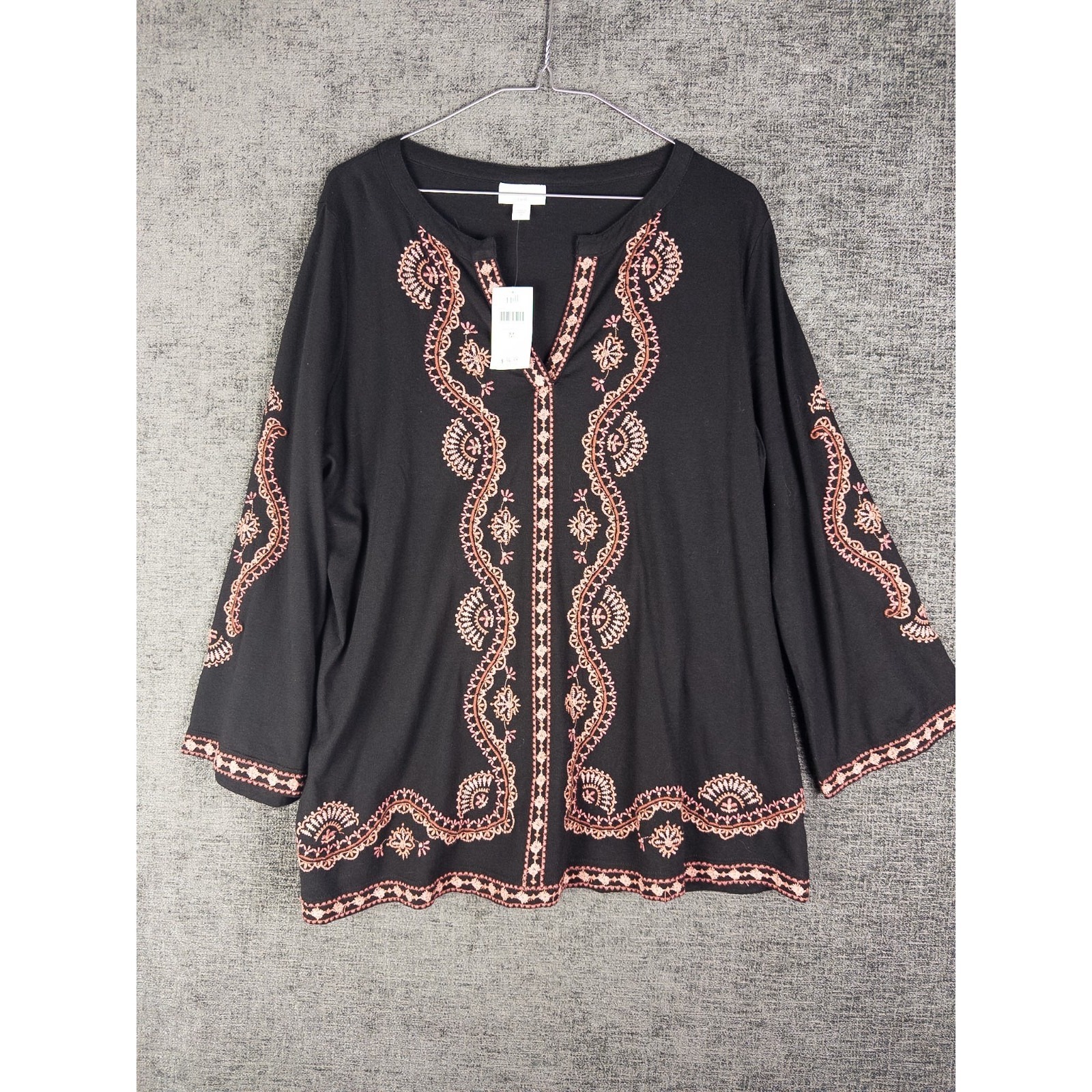 New J. Jill Blouse Womens M Black Boho Oversized Embroidered Spring Tunic